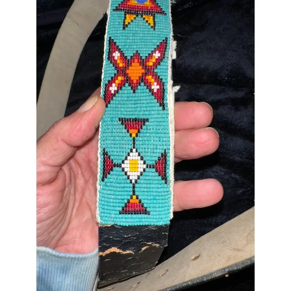 VINTAGE NATIVE TURQUOISE BEADED LEATHER BELT & MATCHING BUCKLE